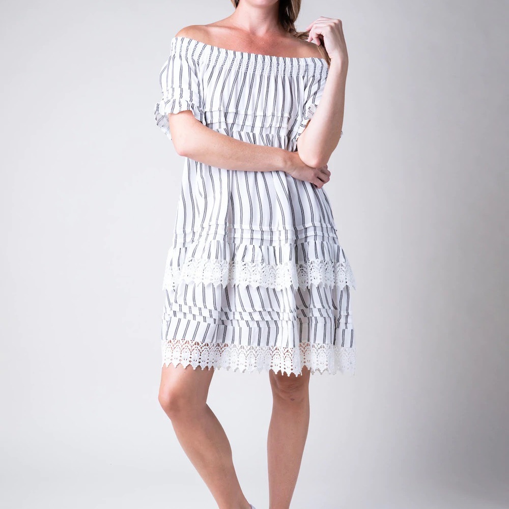 Surf Gypsy Medium Stripe Crochet Trim Off Shoulder Dress